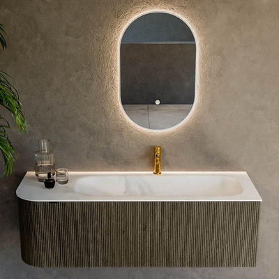Mondiaz KURVE Ensemble de meuble salle de bain - 135x46x40cm - 1 tiroir - 1 porte - lavabo en solid surface - droite - 1 trou de robinet - Shadow