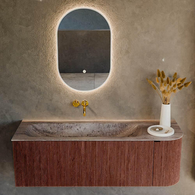 MONDIAZ KURVE-DLUX Meuble de salle de bains 135cm arrondi Droite couleur Ruby avec 1 tiroir et 1 porte. Lavabo BIG MEDIUM Gauche sans trou de robinet Oza.