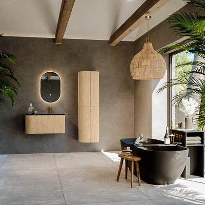 MONDIAZ KURVE Meuble de salle de bains 85 cm avec module 25 L couleur Chêne avec 1 tiroir et 1 porte. Lavabo CLOUD droite 1 trou de robinet Urban.
