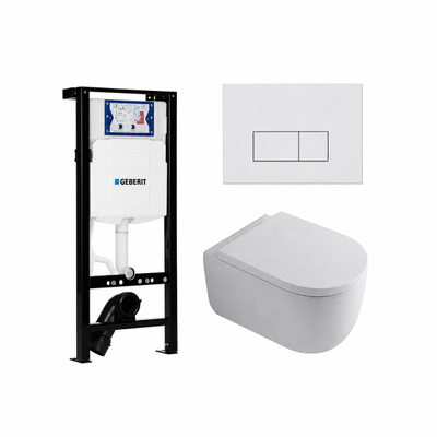 QeramiQ Dely Swirl Pack WC - 36,3x51,7cm - réservoir encastré Geberit UP320 - assise de 35mm - plaque de déclenchement blanche brillante - boutons rectangulaires - blanc mat