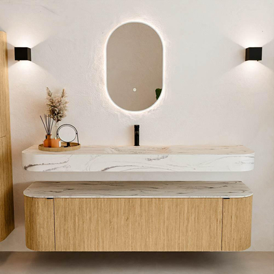 MONDIAZ THOR-DLUX 170cm meuble de salle de bains arrondi gauche + droite couleur Oak avec 1 tiroir et 2 portes. Vasque suspendue CLOUD Milieu 1 trou de robinet couleur Nata.