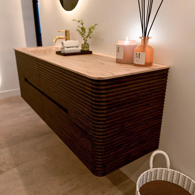 Mondiaz CIRO-DLUX Meuble de salle de bains - 150x45x50cm - Plan-vasque solid surface Arena - 1 vasque à gauche - 1 trou de robinet - 4 tiroirs - Noyer