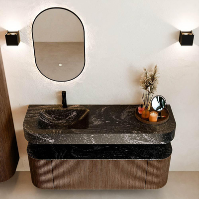 MONDIAZ THOR-DLUX 140cm meuble de salle de bains arrondi gauche + droite couleur Walnut avec 1 tiroir et 2 portes. Vasque suspendue CLOUD gauche 1 trou de robinet couleur Lava.