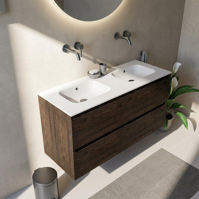 Saniclass Holz Pure Ensemble de meubles de salle de bains - 120x45x61.5cm - Lavabo Flow en solid surface blanc - 2 vasques - sans trous de robinetterie - 4 tiroirs - chêne charcoal mat (bois)