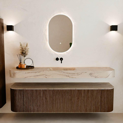 MONDIAZ THOR-DLUX 180cm meuble de salle de bains arrondi gauche + droite couleur Walnut avec 2 tiroirs et 2 portes. Vasque suspendue CLOUD Milieu sans trou de robinet couleur Arena.