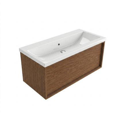 Saniclass Holz Frame Ensemble meuble de salle de bains - 100x45x43.5cm - Bari lavabo en céramique blanc - 1 vasque - sans trou de robinet - 1 tiroir - mat walnut pure (bois)