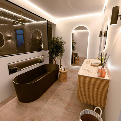 Mondiaz CIRO-DLUX Ensemble de meubles de salle de bains - 140x45x50cm - vasque en solid surface Frappe - 1 lavabo à gauche - sans trous de robinet - 4 tiroirs - Chêne