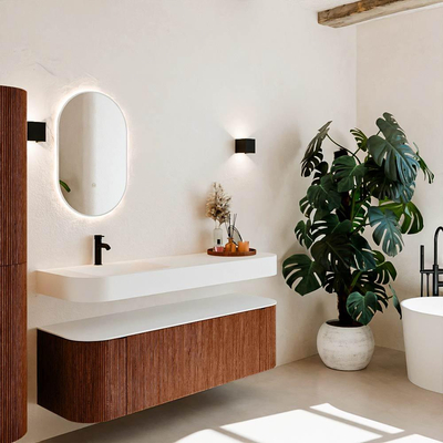 MONDIAZ THOR 150cm meuble de salle de bains arrondi gauche + droite couleur Ruby avec 1 tiroir et 2 portes. Vasque suspendue CLOUD gauche 1 trou de robinet couleur Talc.