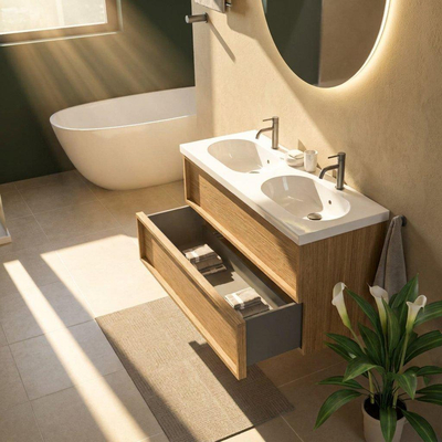 Saniclass Holz Frame Ensemble meuble de salle de bains - 120x45x63.5cm - Lavabo en céramique Palermo blanc - 2 vasques - 2 trous de robinet - 2 tiroirs - chêne natural mat (bois)