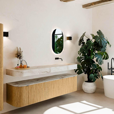 MONDIAZ THOR-DLUX Meuble de salle de bains - 190cm - arrondi gauche + droite - couleur Oak - 2 tiroirs et 2 portes - Vasque suspendue CLOUD Droite sans trou de robinet - couleur Frappe