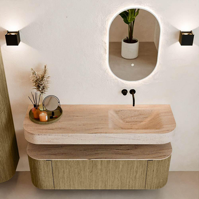 MONDIAZ THOR-DLUX 140cm meuble de salle de bains arrondi gauche + droite couleur Dusk avec 1 tiroir et 2 portes. Vasque suspendue CLOUD Droite sans trou de robinet couleur Saba.