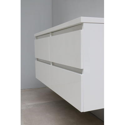 Basic Bella Meuble lavabo céramique avec 2 trou de robinet avec armoire de toilette à 2 portes grise 120x55x46cm Flat Pack Blanc haute-brillance