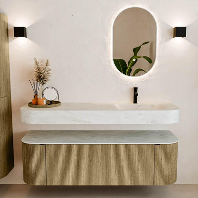 MONDIAZ THOR-DLUX 150cm meuble de salle de bains arrondi gauche + droite couleur Dusk avec 1 tiroir et 2 portes. Vasque suspendue CLOUD Droite 1 trou de robinet couleur Opalo.