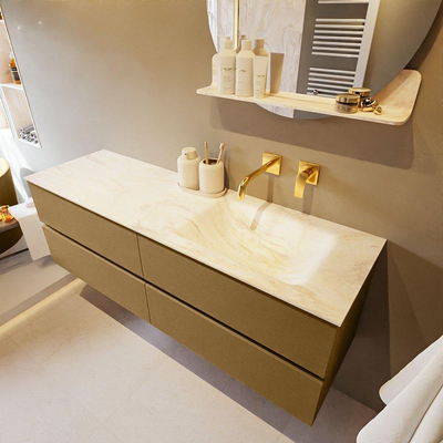 Mondiaz VICA-DLUX ensemble de meuble de salle de bain - 150cm - meuble sous-vasque oro - 4 tiroirs - lavabo encastré cloud droite - sans trous de robinet - miroir modèle spot - version XL 60cm de haut - ostra