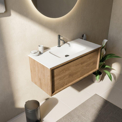 Saniclass Holz Frame Ensemble de meuble de salle de bains - 100x45x41.5cm - Flow lavabo en solid surface blanc - 1 vasque - 1 trou de robinetterie - 1 tiroir - chêne natural mat (bois)