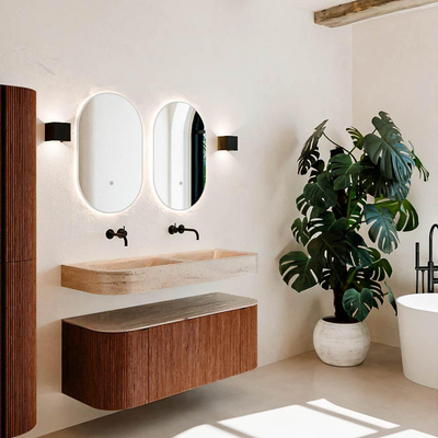 MONDIAZ THOR-DLUX 120cm meuble de salle de bains arrondi gauche + droite couleur Ruby avec 1 tiroir et 2 portes. Vasque suspendue CLOUD Double sans trou de robinet couleur Saba.