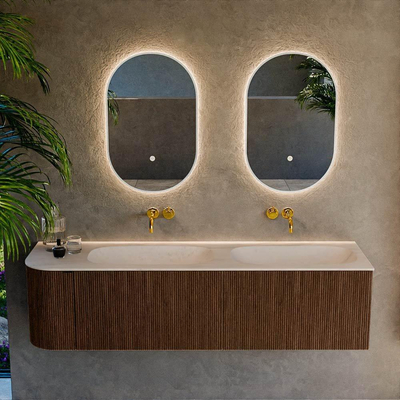 MONDIAZ KURVE-DLUX 165cm meuble de salle de bains avec arrondi à gauche couleur Walnut avec 2 tiroirs et 1 porte. Lavabo STOR SMALL Double / Droite sans trou de robinet Meli.