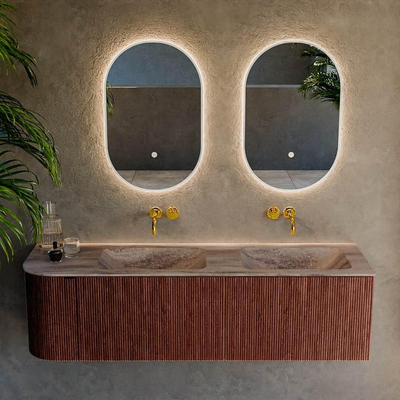 MONDIAZ KURVE-DLUX Meuble de salle de bains 155cm arrondi à gauche couleur Ruby avec 2 tiroirs et 1 porte. Lavabo LEAF Double / Droite sans trou de robinet Oza.