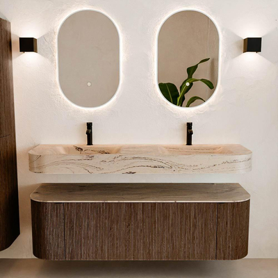 MONDIAZ THOR-DLUX 150cm meuble de salle de bains arrondi gauche + droite couleur Walnut avec 1 tiroir et 2 portes. Vasque suspendue CLOUD Double 2 trous de robinet couleur Arena.