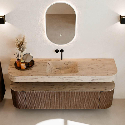MONDIAZ THOR-DLUX 170cm badmeubel ronding links + rechts kleur Walnut met 1 lade en 2 deuren. Vrijhangende wastafel CLOUD Midden zonder kraangat kleur Arena.