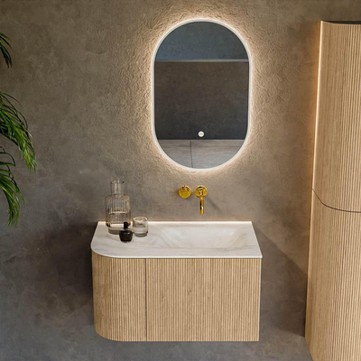 MONDIAZ KURVE-DLUX 75cm Meuble salle de bain avec module 25 G - couleur Oak - 1 tiroir - 1 porte - vasque GRUNNE droite - sans trou de robinet - couleur Ostra