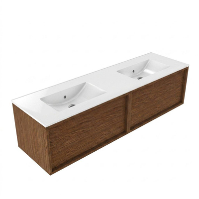 Saniclass Holz Frame Ensemble de meubles de salle de bains - 160x45x42cm - vasque Vygo en céramique blanche - 2 vasques - sans trous de robinetterie - 2 tiroirs - noyer pure mat (bois)