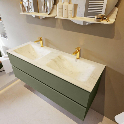 Mondiaz VICA-DLUX ensemble de meuble de salle de bain - 130cm - meuble sous-vasque armée - 2 tiroirs - lavabo encastré nuage double - 2 trous de robinet - miroir modèle spot - version XL 60cm de haut - opalo