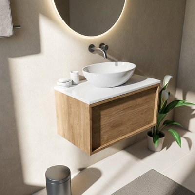 Saniclass Holz Frame Ensemble de meuble de salle de bains - 80x45x42.5cm - plan de travail Torino en Solid Surface blanc - sans trou de robinet - 1 tiroir - chêne natural mat (bois)