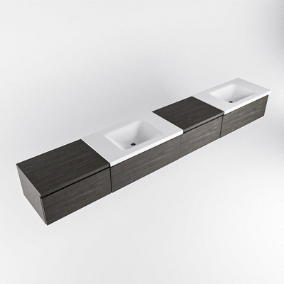 MONDIAZ BUKLA 280cm ensemble de meuble avec module 60 à droite couleur Marron Foncé avec 4 tiroirs. Lavabo CLOUD double 2 trous de robinet couleur Talc.