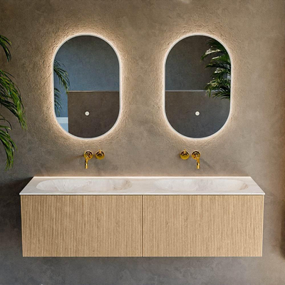 MONDIAZ KURVE-DLUX 150cm badmeubel kleur Oak met 2 lades. Wastafel STOR SMALL dubbel zonder kraangat kleur Frappe.