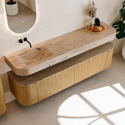 MONDIAZ THOR-DLUX 190cm meuble de salle de bains arrondi gauche + droite couleur Oak avec 2 tiroirs et 2 portes. Vasque suspendue CLOUD Gauche sans trou de robinet couleur Arena.