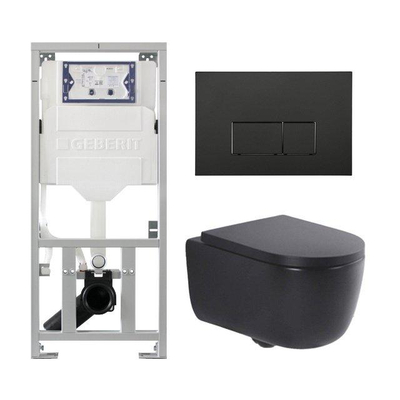 QeramiQ Dely Swirl Ensemble WC- 36.3x51.7cm - Réservoir encastré Geberit UP320 - Abattant de 35mm d'épaisseur - Plaque de commande en métal noir mat - Boutons rectangulaires - Noir mat