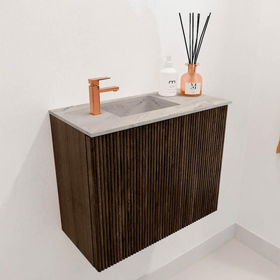 Mondiaz JOYA-DLUX 50cm toiletmeubel - kleur Walnut - Wastafel FAYE positie Links 1 kraangat kleur Glace.