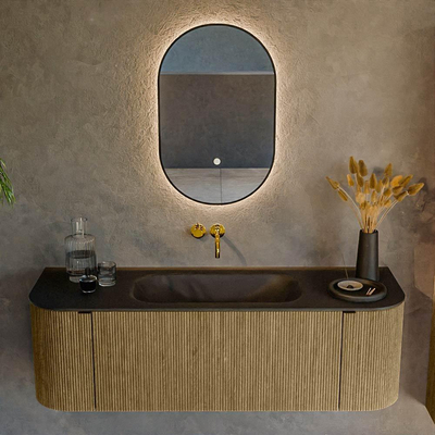 Ensemble de meuble de salle de bain Mondiaz KURVE - 140x46x40cm - 1 tiroir - 2 portes - lavabo en solid surface - milieu - sans trou de robinet - Dusk