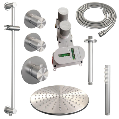 Brauer Douche pluie encastrable brossé - douche principale 30cm - bras plafond 20cm - 3 boutons sculptés - douchette à main barre 1 fonction - - PVD - inox brossé