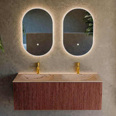 MONDIAZ KURVE-DLUX Meuble de salle de bains 120cm couleur Ruby avec 1 tiroir et 0 porte. Lavabo LEAF Double 2 trous de robinet Arena.