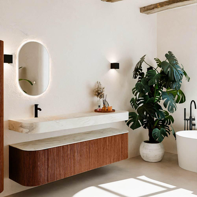 MONDIAZ THOR-DLUX 180cm meuble de salle de bains arrondi gauche + droite couleur Ruby avec 2 tiroirs et 2 portes. Vasque suspendue CLOUD Gauche 1 trou de robinet couleur Ostra.