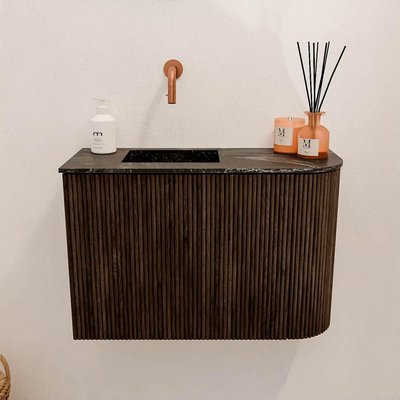 Mondiaz JOYA-DLUX 61.6cm toiletmeubel - ronding rechts kleur Walnut - Wastafel FAYE positie Links Zonder kraangat kleur Lava.