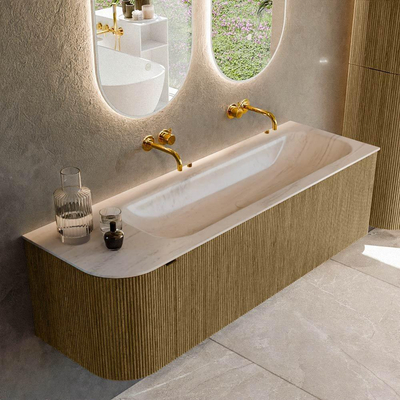 MONDIAZ KURVE-DLUX Meuble de salle de bains 145cm arrondi à gauche couleur Dusk avec 1 tiroir et 1 porte. Lavabo BIG LARGE à droite sans trou de robinet Meli.