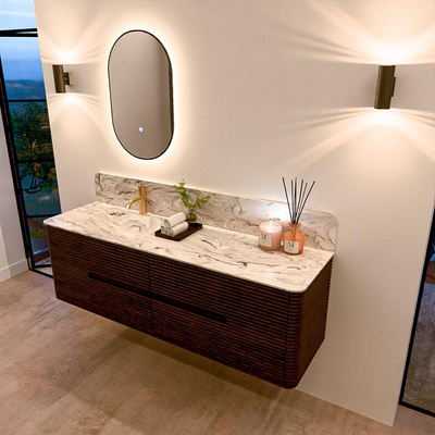 Mondiaz CIRO-DLUX Badkamermeubelset - 160x45x50cm - Solid surface wastafel Glace - 1 wasbak Links - 1 kraangat - 4 lades - Walnut