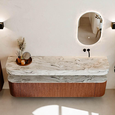 MONDIAZ THOR-DLUX 200cm badmeubel ronding links + rechts kleur Ruby met 2 lades en 2 deuren. Vrijhangende wastafel CLOUD Rechts zonder kraangat kleur Glace.