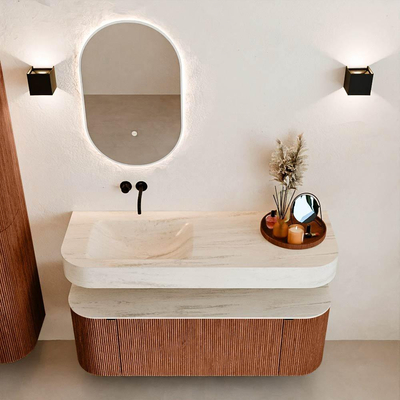 MONDIAZ THOR-DLUX 130cm meuble de salle de bains arrondi gauche + droite couleur Ruby avec 1 tiroir et 2 portes. Vasque suspendue CLOUD Gauche sans trou de robinet couleur Meli.