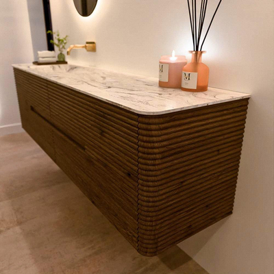 Mondiaz CIRO-DLUX Badkamermeubelset - 180x45x50cm - Solid surface wastafel Glace - 1 wasbak Links - zonder kraangaten - 4 lades - Dusk