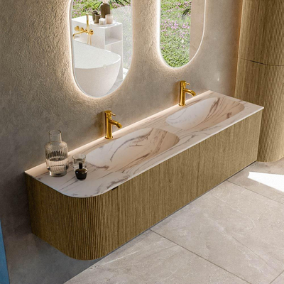 MONDIAZ KURVE-DLUX meuble de salle de bains 165cm arrondi à gauche couleur Dusk avec 2 tiroirs et 1 porte. Lavabo STOR SMALL double / droit 2 trous de robinet Nata.