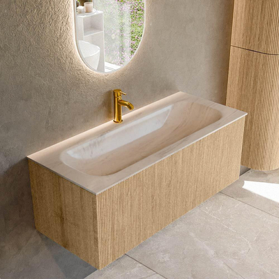 MONDIAZ KURVE-DLUX 110cm badmeubel kleur Oak met 1 lade en 0 deuren. Wastafel BIG MEDIUM Midden 1 kraangat Meli.