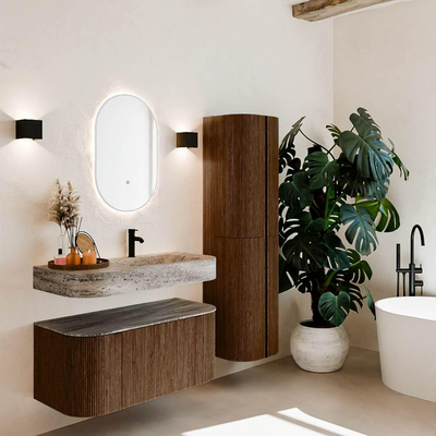 MONDIAZ THOR-DLUX 100cm badmeubel ronding links + rechts kleur Walnut met 1 lade en 2 deuren. Vrijhangende wastafel CLOUD Rechts 1 kraangat kleur Oza.