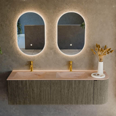 MONDIAZ KURVE-DLUX 155cm meuble de salle de bains arrondi Droite couleur Shadow avec 2 tiroirs et 1 porte. Lavabo LEAF Double / Gauche 2 trous de robinet Saba.