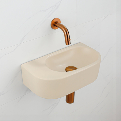 QeramiQ Fuente pack lave-mains – demi-rond – 40 x 21,5 x 12 cm – céramique beige – robinet cuivre brossé