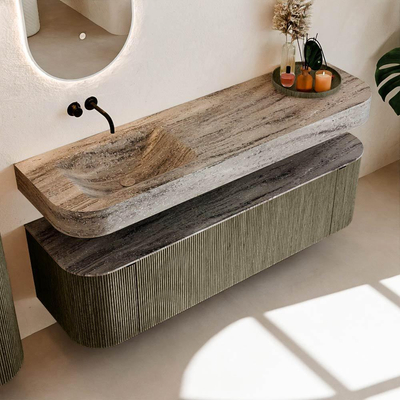 MONDIAZ THOR-DLUX Meuble de salle de bains - 160cm - arrondi gauche + droite - couleur Shadow - 1 tiroir - 2 portes - Vasque suspendue CLOUD Gauche sans trou de robinet - couleur Oza