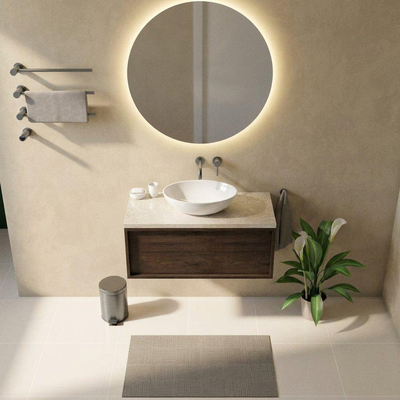 Saniclass Holz Frame Ensemble meuble de salle de bains - 100x45x43cm - Plan de travail en pierre naturelle travertin - sans trou de robinet - 1 tiroir - chêne charcoal mat (bois)